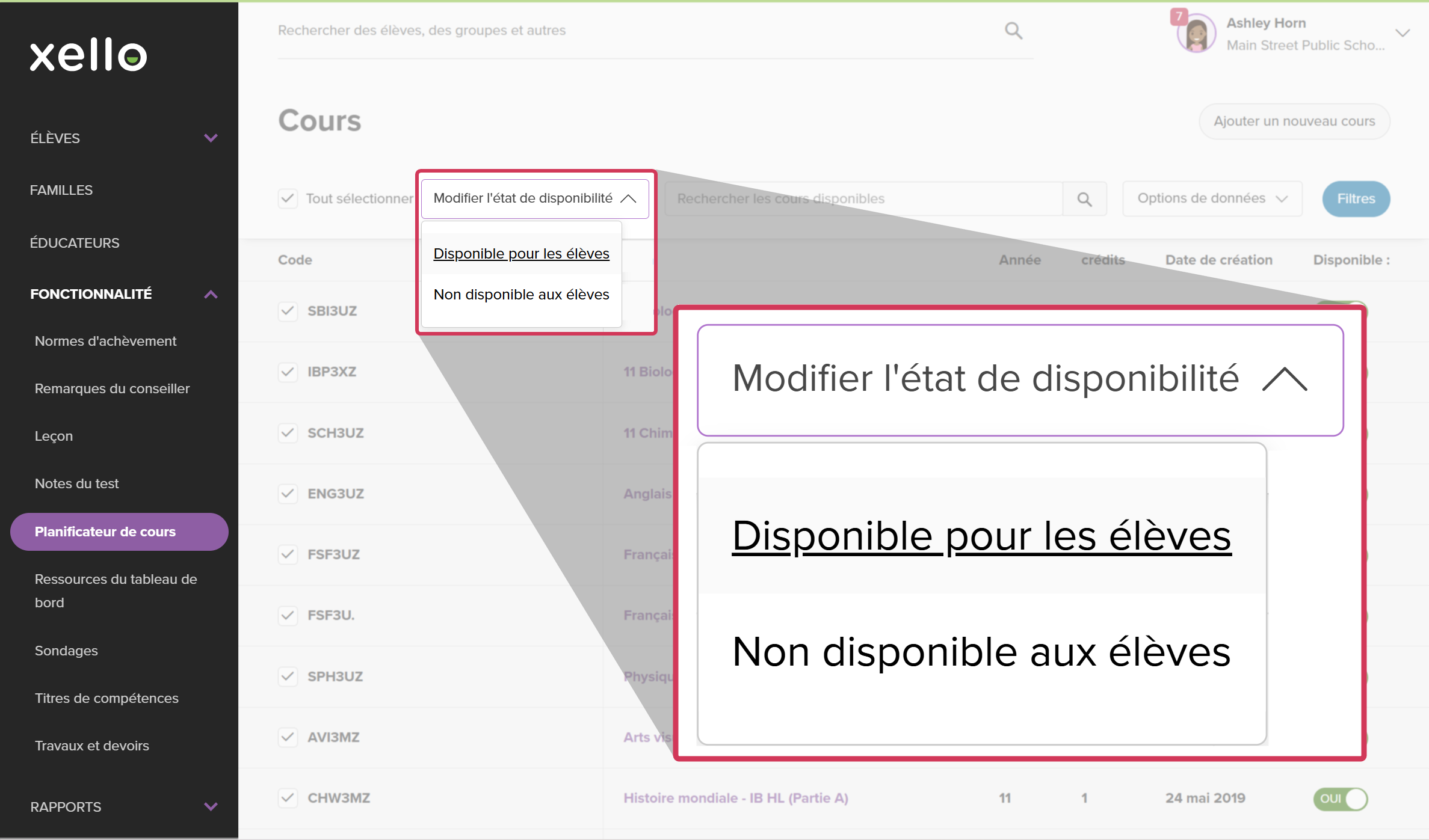 The Courses page in Xello. Many courses are selected. The Change availability status dropdown is open and highlighted.